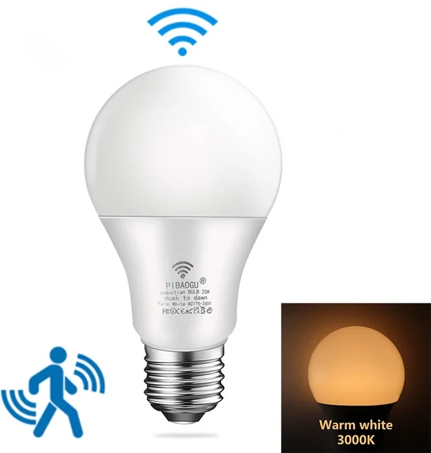 6PCS 220V PIR 모션 센서 램프 9W 12W LED 전구 적외선 방사선 탐지기 보안 빛, [01] Warm White, 06 18W