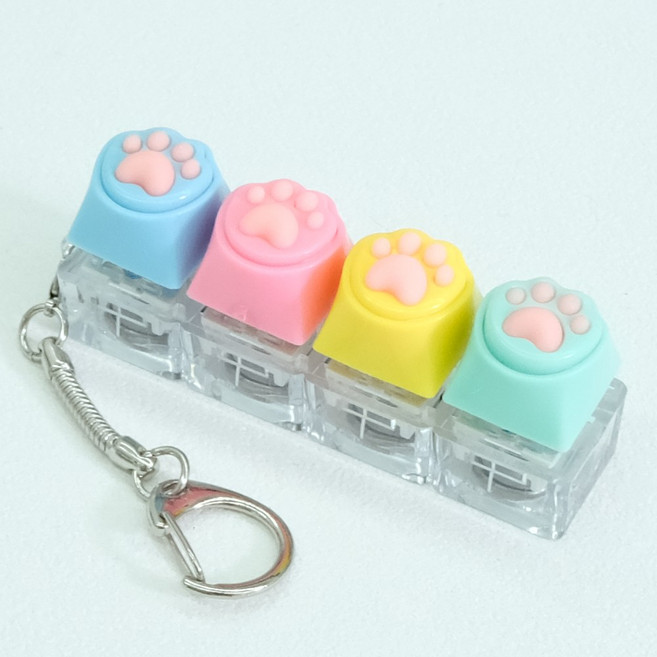 앤아일즈 말랑말랑 고양이 발바닥 청축 딸깍이 LED 4구 키캡 키링, 파랑/분홍/노랑/청록, 1개