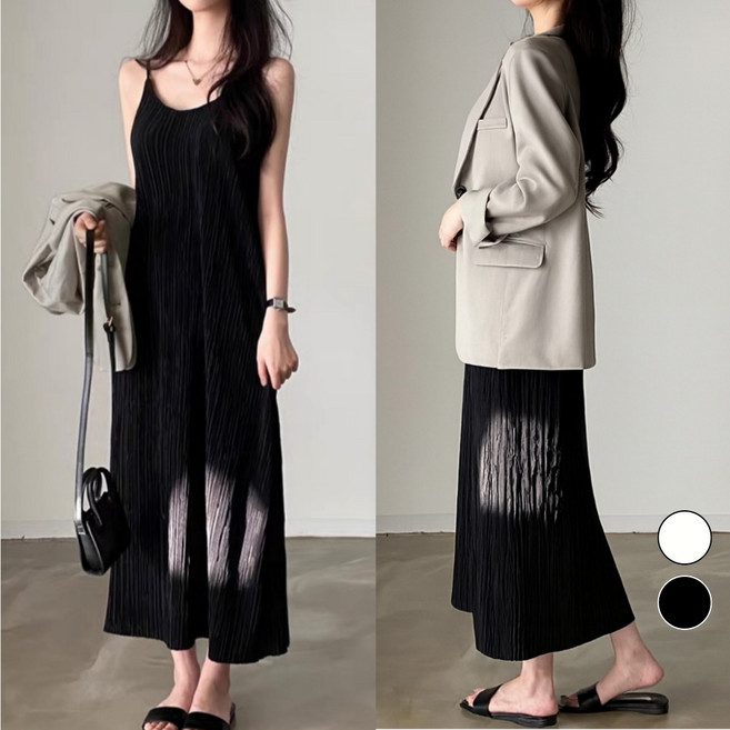 핏몬 여성 구김없는 플리츠 끈 나시 롱 원피스 자체제작