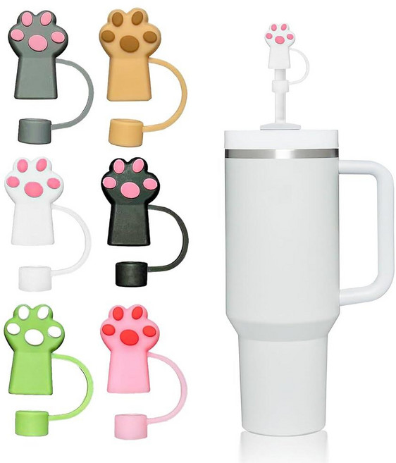 Stanley 텀블러와 호환되는 고양이 발바닥 빨대 커버 캡 6팩 (414~1.2L(14온스~40온스)) - Simple Modern 컵용 식품 등급 실리콘 빨대 토퍼 빨대, Cat paw-6pcs