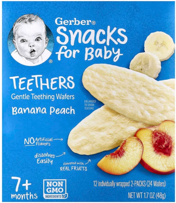 Gerber 티더스 부드러운 치아 발육 웨이퍼 7개월 이상 바나나 복숭아 24개입, Banana Peach, 48g, 1개 - 쿠팡