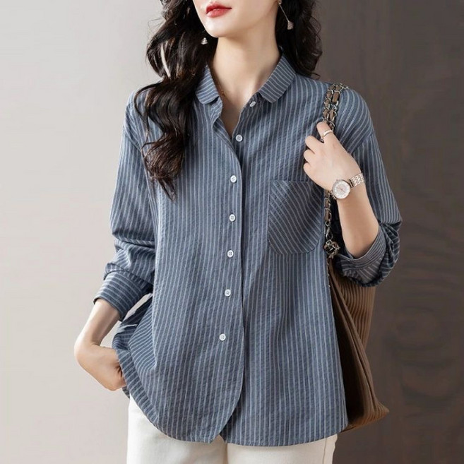 SAHINER 봄가을 여성 캐주얼 스트라이프 오버핏 긴팔 셔츠 BCS17