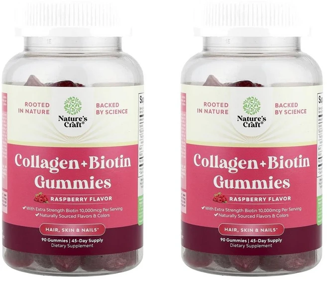 네이처스 크래프트 콜라겐 + 비오틴 구미 라즈베리 Nature's Craft Collagen + Biotin Gummies Raspberry 90정, 2개 - 쿠팡