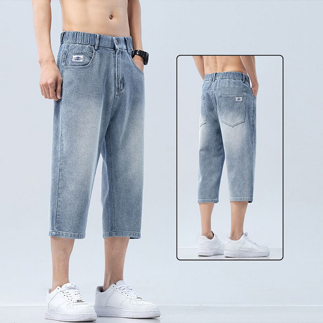 지고다그 남성 여름 데님 7부 바지 캐주얼 와이드 통풍 밴딩 청바지 YY30120