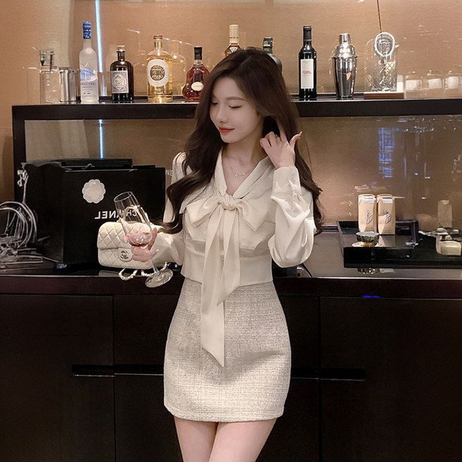 프렌치 여자 투피스 세트 빅사이즈 타이 블라우스 + 하이웨스트 스커트 세트 봄 가을 여성 하객룩 세트 QXX