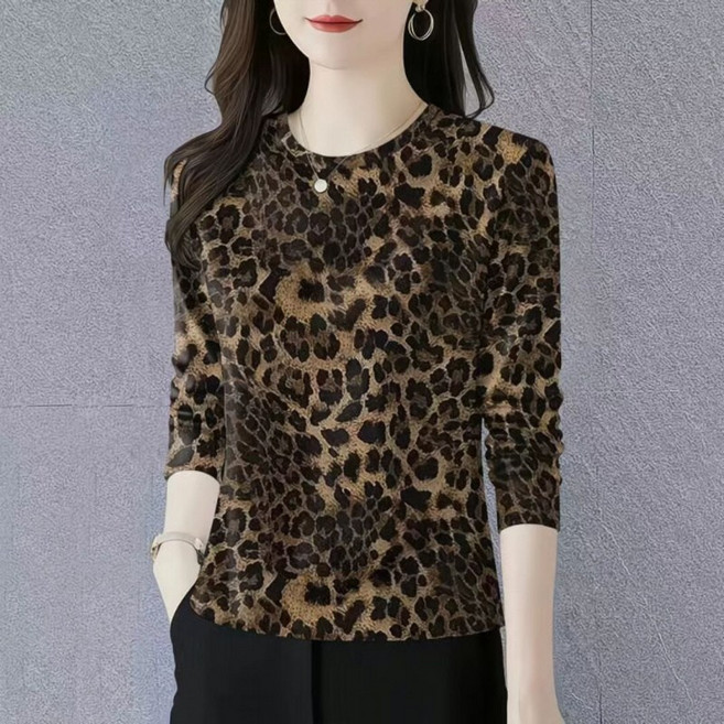 해피유통 여성 가을 겨울 호피무늬 긴팔 슬림핏 티셔츠 단순 라운드넥 통기성 편안 XG20