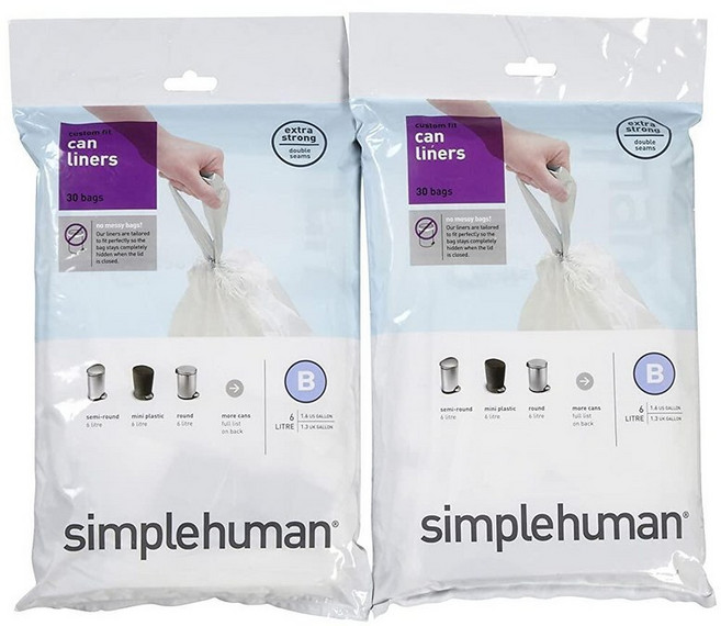 Simplehuman CW0286 code H Custom Fit Bin Liner Bulk Pack Clear Plastic 3 Pack of 20 Total 60 Lin, 화이트