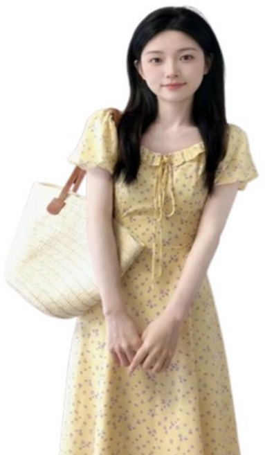 동방 여름 여성 노란 꽃무늬 롱 원피스 퍼프 소매 스퀘어넥 데일리