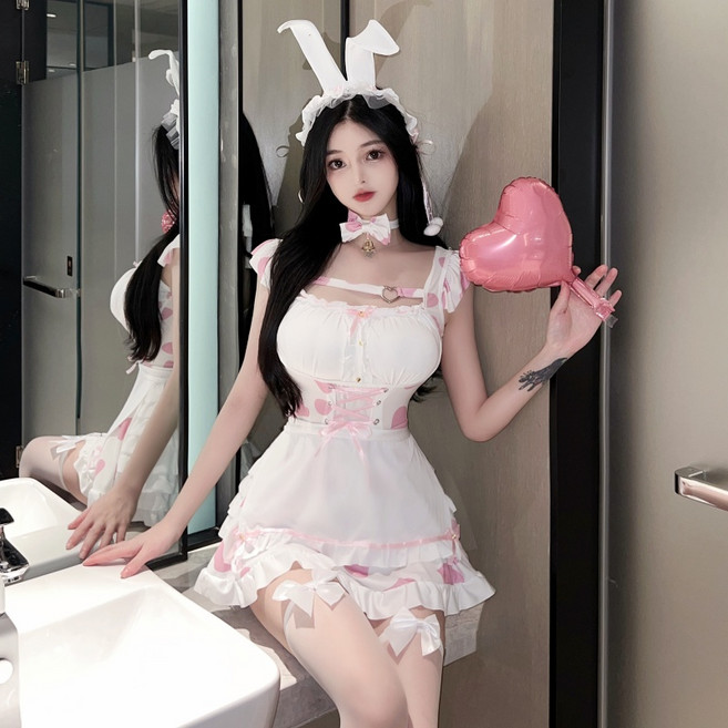 여자 귀여운 섹시 바니걸 메이드복 하녀복 토끼걸 토끼머리띠 핑크 미니원피스 코스프레 의상 코스튬 할로윈 파티복 컨셉의상