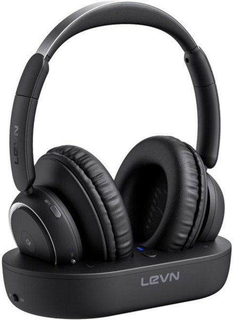 LEVN 무선 TV 헤드폰 노인용 송신기 충전 베이스 포함 청각 장애인용 무음 지연 없는 블루투스 52 플러그 앤 플레이 노인 선물, Black, 검정