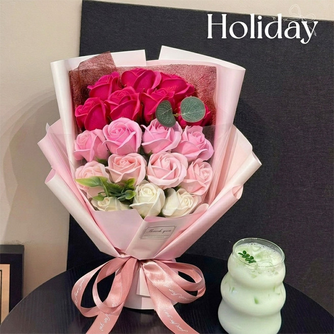 Leesheer 시들지 않는 장미 꽃다발 LED 비누 꽃다발 기념일 선물+선물함, 1개, 그라데이션 핑크