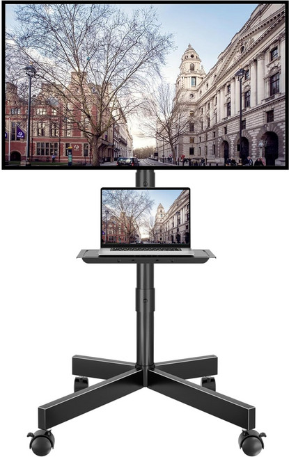 기울기 조절 가능한 이동식 TV 거치대 23~60형 LCD/LED TV에 적합한 바퀴 달린 이동형 스탠드 높이 조절 선반이 달린 휴대용 TV 카트 거실 침실 사무실에 사용 가, 1개, 검은색
