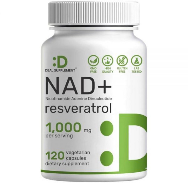 Deal SUP 업plement NAD+ 레스베라트롤 보충제 1회 제공량당 1 000mg 식물성 캡슐 120개 | 투인원 초강력 NMN 대체품 여성 및 남성용 NAD GMO, 1개