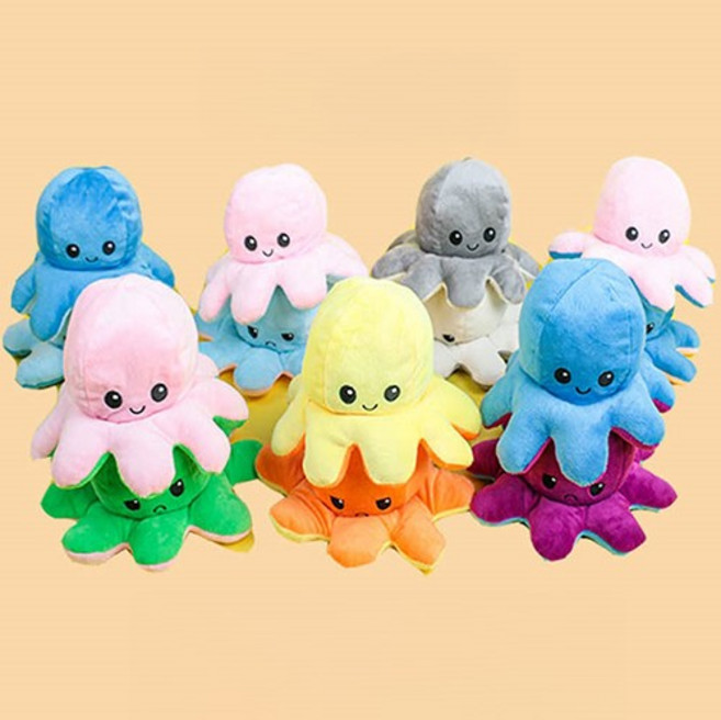 반전 양면 문어 인형 키링 감정 표정 기분 풍부 [3type 리버시블 귀여운 동물 쿠션 선물 애착 가방고리 열, 문어인형 20cm (핑크-그린)