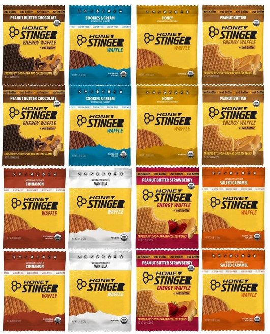 허니 스팅어 에너지 와플 버라이어티 팩 16 카운트 u2013 쿠키 바닐라 솔티드 카라멜 시나몬 버터 스트로베리 초콜릿 이동 중 스낵, Honey Stinger 에너지 와플 버라이어티 팩,