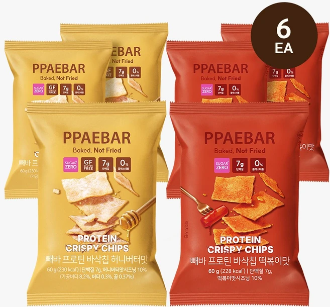 헬시플레이스 빼바 프로틴 바삭칩(떡볶이 3 + 허니버터 3), 6개, 60g - 쿠팡