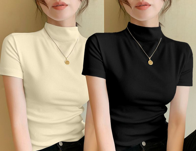 미중 여성 여름 뉴 1+1 면 반목 기질 슬림핏 이너셔츠 골지 무지 심플 반팔 yf