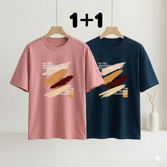 Timepure 1+1 2종세트 남성 여름 빈티지 캐주얼 반팔 티셔츠 데일리 편안한 빅사이즈 오버핏 프린팅 라운드넥 반팔티