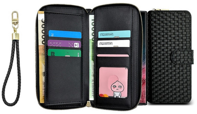 LG Q92 케이스 LM-Q920N (뉴뉴) 가죽 쉬스매리아 입체 패턴 무늬 (지퍼) 대용량 수납 카드 지폐 자석 지갑 (손목 스트랩 줄 포함)
