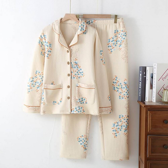 순면 블루 꽃 기모 누빔 잠옷 세트