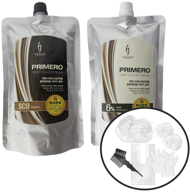 코겐 프리메로 그레이 스피드 7분 칼라크림 염색약 + 시술도구 웰빙 저자극 염색약, SC8 새치멋내기 전용 밝은 황갈색, 1개