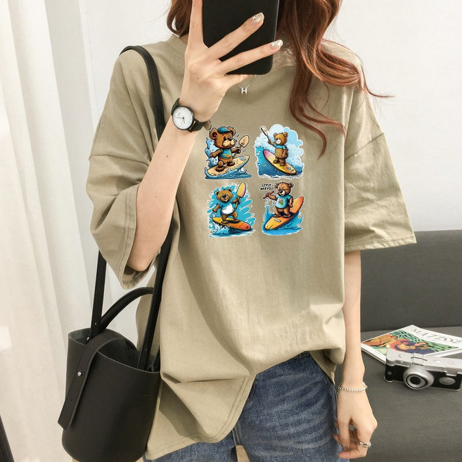 스타일아유 여성 여름용 루즈핏 반팔 티셔츠 200g순면 원작 귀여운 곰 프린트 빅사이즈 M~2XL 오버핏 반팔티 롱티 자체제작[A3G3TS1722]