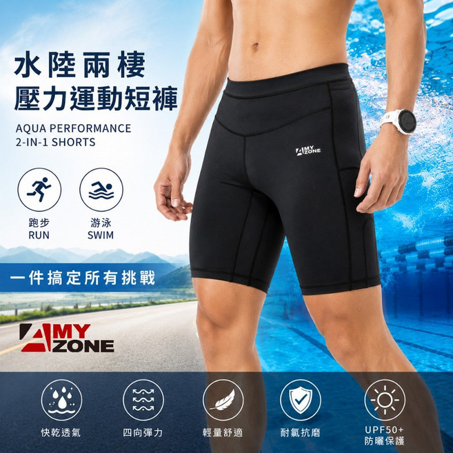 【A-MYZONE】男款 口袋版雙層加壓專業越野跑超馬機能運動壓力短褲 (高彈原廠萊卡三鐵長途路跑五分緊身束褲 兩側網布置物配重不移位 台灣製)