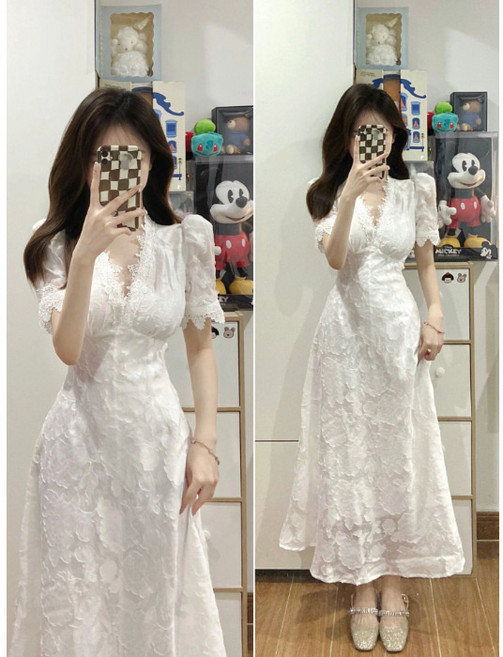 DFMEI 法式溫柔風方領白色連衣裙女夏季高級感泡泡袖顯瘦氣質初戀系長裙, M