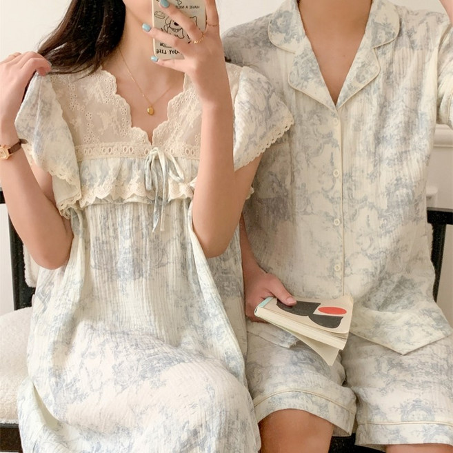 러빙리 래니플 여름 반팔 커플 원피스 잠옷 레이스 프릴 파자마 홈웨어 상하세트