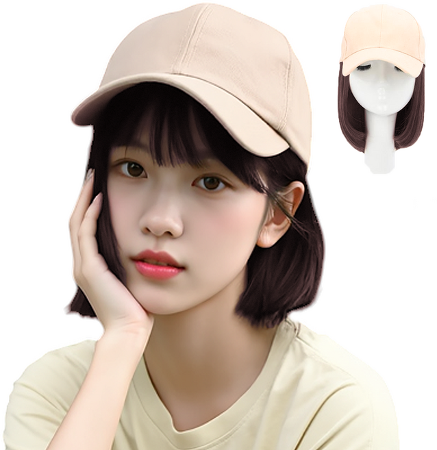 이쁘다샵 가발위드 단발 스타일캡 여성 모자가발, 베이지+다크브라운, 1개