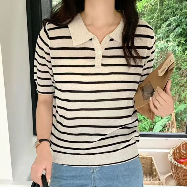 여성 심플 단가라 카라 버튼넥 봄 여름 얇은 반팔 니트 티셔츠