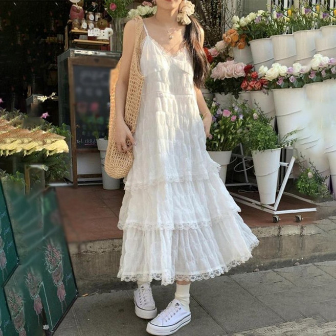 AOKADA 여성 뷔스티에 브이넥 캉캉 원피스 레이어드 나시끈 휴양지 바강스 맥시