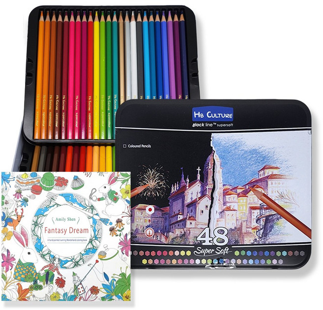 에이치비문화사 전문가용 유성 48컬러 틴케이스 색연필 컬러링북 포함, 1개, 48색