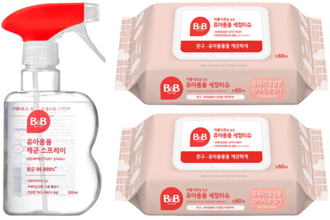 비앤비 자몽식초를담은 소독티슈 60매*2개+ 제균스프레이 용기*1개, 1개