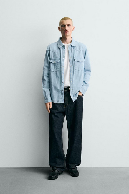 [국내발송] ZARA 남성 웨스턴 데님 셔츠 - 라이트 블루 466523