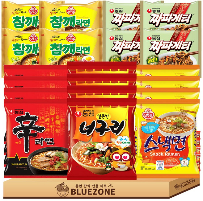 농심 오뚜기 봉지라면 세트B 신라면4 참깨라면4 너구리4 스낵면4 짜파게티4 라면스틱4, 1세트