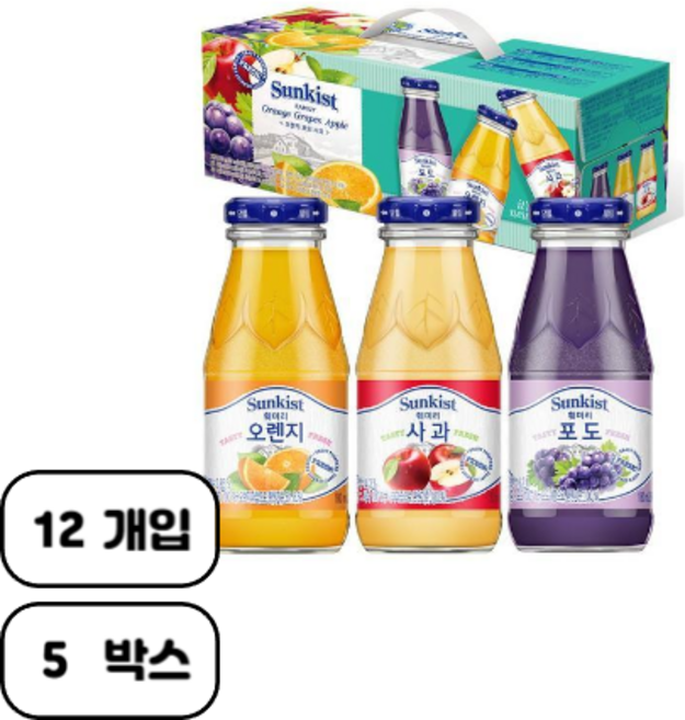 썬키스트 훼미리 주스 선물세트 오렌지 180ml 4p + 포도 180ml 4p + 사과 180ml 4p, 5세트