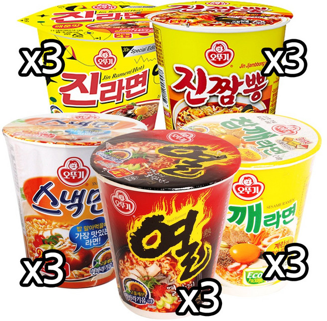 오뚜기 미니 컵라면 5종 세트 진라면 컵 매운맛 3p + 참깨라면 미니 컵 3p + 진짬뽕 미니 컵 3p + 스낵면 컵 3p + 열라면 컵 3p, 15개