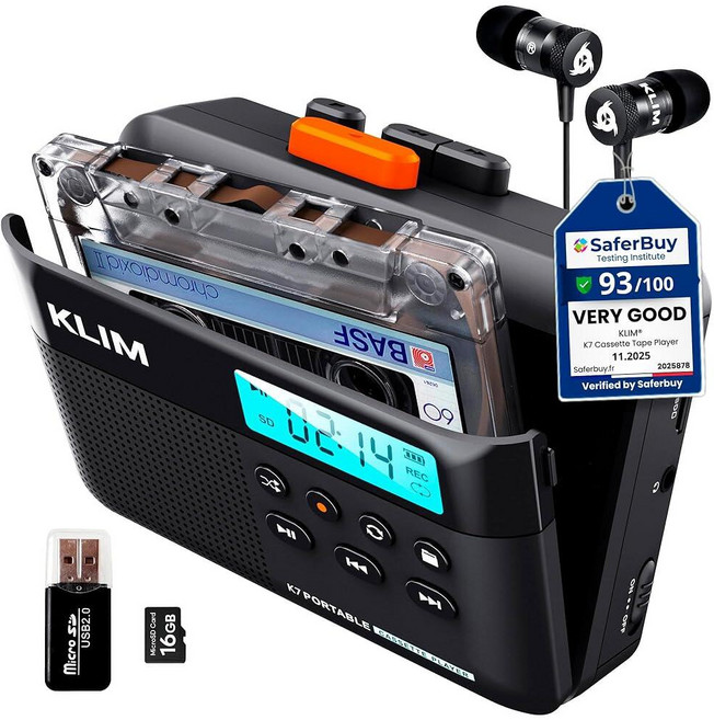 KLIM K7 카세트 테이프 플레이어 - 카세트 - MP3 컨버터 - 휴대용 - 내장 마이크 및 스피커 - 충전식 배터리 - 이어폰 - 16GB SD 카드 - 블랙-오렌지, KLIM K7 카세트 테이프 플레이어 - 카세트 - M