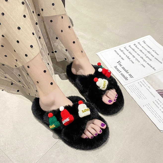 미키마우스 자수 캐릭터 털슬리퍼 털실내화 가을 겨울용 커플 사무실 병원, 40, 검정, 1개