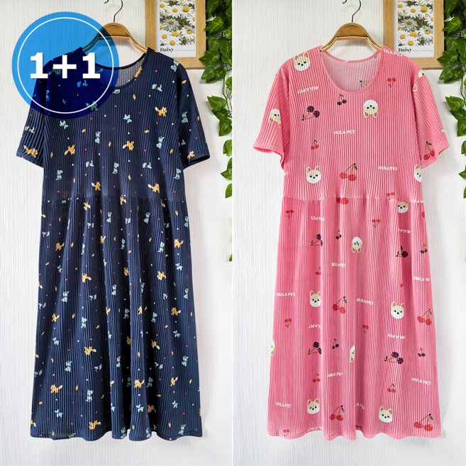 퀸즈몰 여성 여름 아이스 쿨 냉감 주름 캐릭터 반팔 원피스 시원한 홈 플리츠 드레스 빅사이즈 임산부 반팔원피스 587