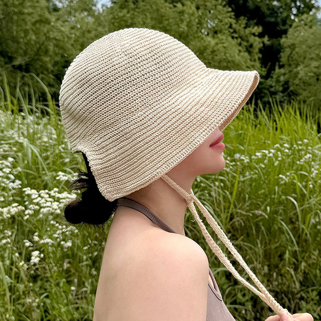 리보마 여성 니트모자 밀짚 버킷햇 턱끈 와이어
