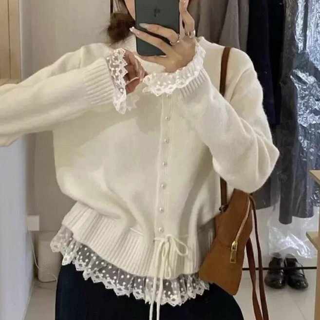 루비루 RB3131 레이스 레이어드 진주 단추 니트 긴팔 가디건