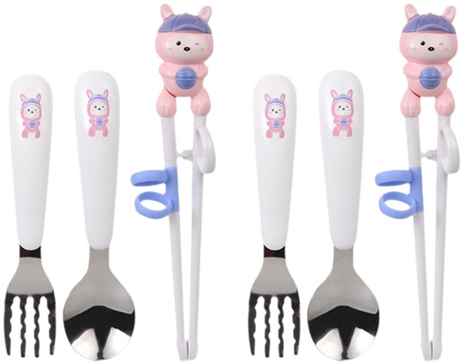 1+1 유아 수저 세트 케이스 포함 교정 젓가락 숟가락 포크 유아동 연습 용 귀여운 캐릭터 실리콘 링 아기 아동 어린이 식기, R99768P(토끼, 2개, 스푼+포크+젓가락+케이스