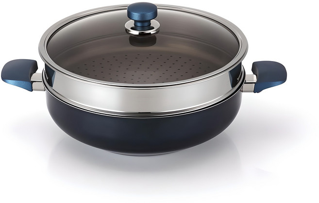 해피콜 클래식 다이아몬드 블루 파티웍 + 뚜껑 + 찜기 세트, 30cm, 1세트