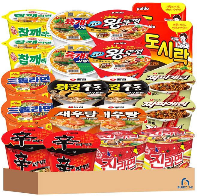 [블루존] 농심 오뚜기 팔도 삼양 용기컵 라면 20입 (튀김우동+새우탕+신라면+육개장+진라면매운맛+짜파게티+왕뚜껑+도시락+참깨라면+삼양라면) x2