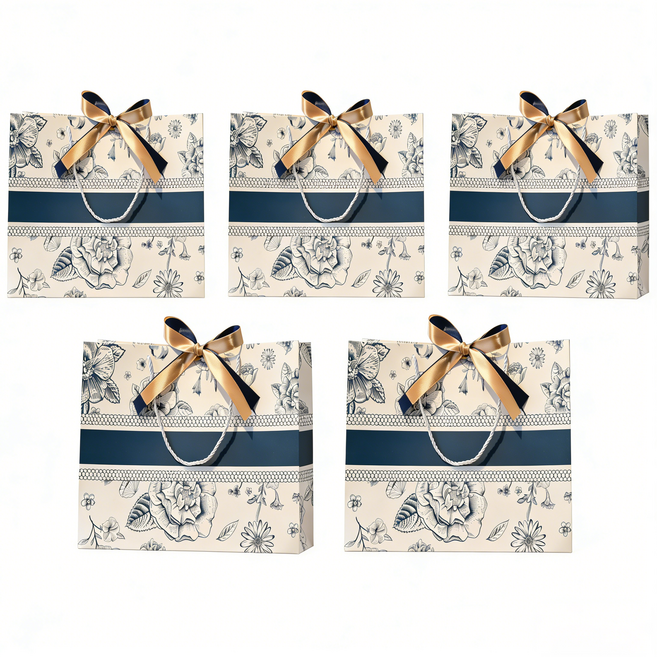 이쿠이칸 플라워 패턴 고급 선물 포장 종이 쇼핑백 5매입 HJLPD5P0090, 1세트, 블루(18*10*16cm)