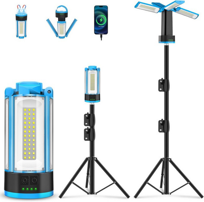 스탠드가 있는 T-SUN 충전식 10400mAh 캠핑 라이트 4개의 LED 램프 헤드가 무선 작업용 6000K 쿨 화이트 포커스 빔을 위한 휴대용 분리형 삼각대 및 보관 가방, Blue