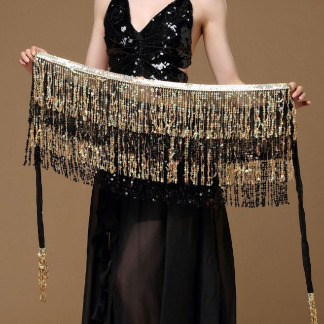 스팽글술 힙스카프 라인댄스 밸리 벨리 줌바 에어로빅 공연 무대 연습, 블랙골드