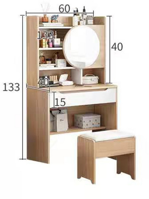 化妝台 梳妝台 附鏡子與凳子 寬60深40高133公分, 原木色